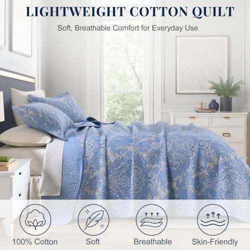 100% Cotton Quilt Set Queen Size, Classic Damask, Blue 90"x98"