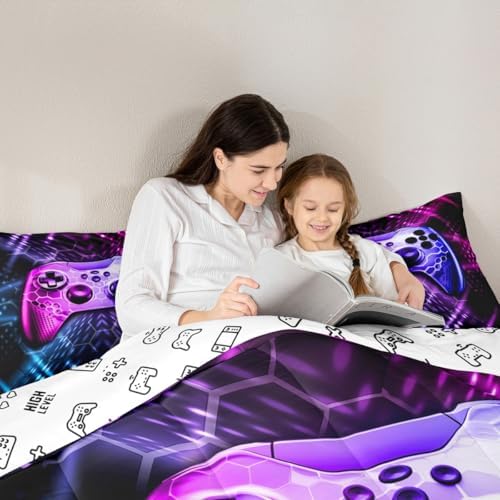 Castle Fairy Teens Gamepad Comforter Set Queen Size,Geometric Gradient Bedding Set for Kids Boys Bedroom Decoration,Modern Gamer Bed Duvet Insert,Video Games Comforter with 2 Pillowcases,Blue Pink