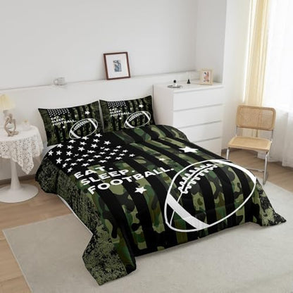 Feelyou Queen Football Bedding Set for Kids Toddler Camo American Flag Comforter Set for Boys Girls Rugby Sports Comforter Teens Soccer Duvet Set Microfiber Bed Set