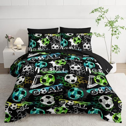 AILONEN Soccer Print Comforter Set Twin Size,7-Piece Football Sports with Blue Green White Soccer Pattern Bed in a Bag,Comforter & Fitted Sheet & Flat Sheet & 2 Pillowcases,Soft Microfiber