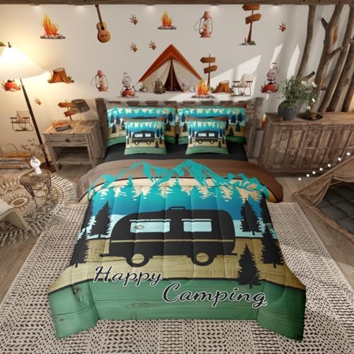 Erosebridal Happy Camping 7 Pieces Bedding Set King Size,Retro Wood Camp Camper Bed in a Bag,Travel RV Bed Set Includes Comforter,Sheet Set,Pillowcases & Pillow Covers,Vintage Farmhouse Bedroom Decor