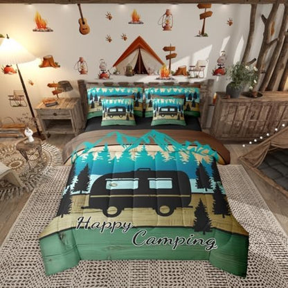 Erosebridal Happy Camping 7 Pieces Bedding Set King Size,Retro Wood Camp Camper Bed in a Bag,Travel RV Bed Set Includes Comforter,Sheet Set,Pillowcases & Pillow Covers,Vintage Farmhouse Bedroom Decor