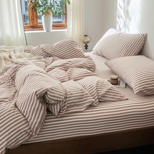 FOSSA Striped Duvet Cover Set 100% Washed Cotton Linen Feel Queen