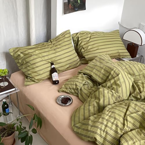 mixinni Vintage Stripes Duvet Cover Set Queen - 3-Piece Mid-Century Cotton Olive & Taupe Striped Bedding, Soft Breathable All-Season Comforter Cover with Zipper Closure & Corner Ties-Queen Size