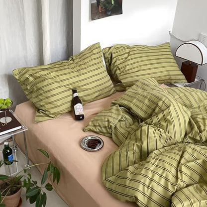 mixinni Vintage Stripes Duvet Cover Set Twin XL - 3-Piece Mid-Century Cotton Olive & Taupe Striped Bedding, Soft Breathable All-Season Comforter Cover with Zipper Closure & Corner Ties-Twin XL Size