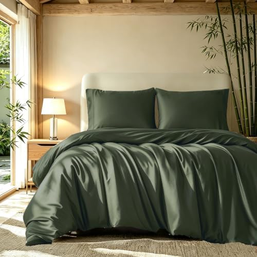 King Duvet Cover Set 3 Pieces, 100% Organic Viscose derived from Bamboo, Luxuriously Soft & Cooling, 1 Duvet Cover and 2 Pillowcases, 104" x 90"(King, Olive Green)