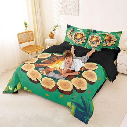 Erosebridal Campfire 7 Piece Comforter Set Full Tree Stump Bed in A Bag Happy Camping Bedding Sets for Kids Boys Girls Woodland Campsite Forest Stones Trees Sheet Set with Comforter