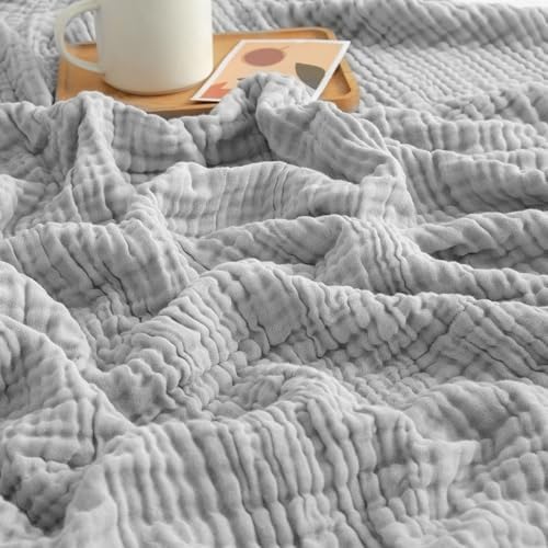 EMME Muslin Blankets for Adults Throw Blanket for Couch Breathable Gauze Soft Lightweight Airy Light Grey Throw 50" x 60"