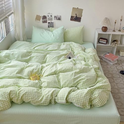 LifeTB Queen Comforter Set Green Gingham Bedding Comforter Set 3 Pieces Brown Grid Bed Comforter with 2 Pillowcases Vintage Checkered Plaid Comforter Fluffy Soft Farmhouse Grid Bedding Set