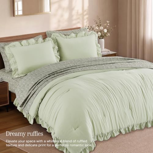 BLOOMHAVEN Full Size Comforter Sets-7 Pieces Ruffle Bedding Floral Sheet