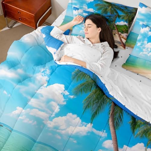 Erosebridal Ocean Beach Twin Size Comforter Set, Palm Trees 7-Piece Bed in A Bag, Coastal Nature Theme Sheets and Pillowcases, Hawaiian Kids Boys Men Women Bedding Set Room Decor