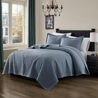 WDCOZY Dusty Blue King Size Quilt Set, Striped Pick Stitch Bedspread