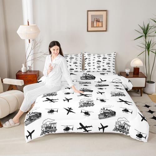 Feelyou Retro Vintage Train Comforter Set Queen Size Airplane Print Bedding Set for Kids Boys Girls Aircraft Transport Vehicles Duvet Quilt Bedroom Decor Microfiber 3 Pcs with 2 Pillow Cases