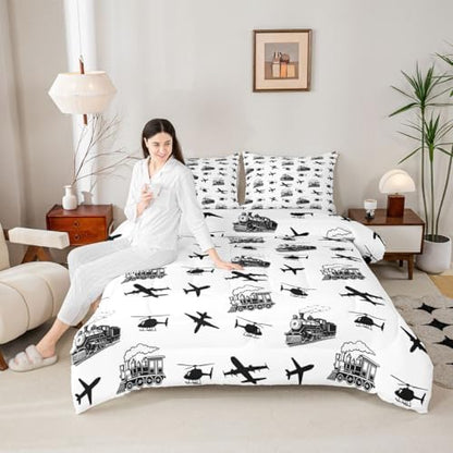 Feelyou Retro Vintage Train Comforter Set Queen Size Airplane Print Bedding Set for Kids Boys Girls Aircraft Transport Vehicles Duvet Quilt Bedroom Decor Microfiber 3 Pcs with 2 Pillow Cases