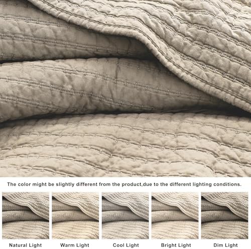 WDCOZY 100% Cotton King Size Quilt Set, Channel Pick Stitch, Beige Flax