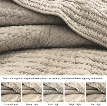 WDCOZY 100% Cotton Twin Size Quilt Set, Channel Pick Stitch, Beige Flax