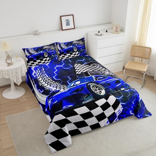 Toddler Race Car Bed,Blue Neon Lights Honeycomb Twin Bedding Set for Boys Cool Sports Car Glitter Beehive Geometric Hexagon Comforter Set,Black White Grid Lattice Quilt Buffalo Plaid Decor