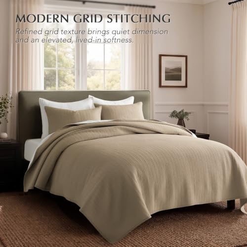 EverGrace 100% Cotton Modern Grid Stitch Quilt Set, Queen Size, Stone Taupe