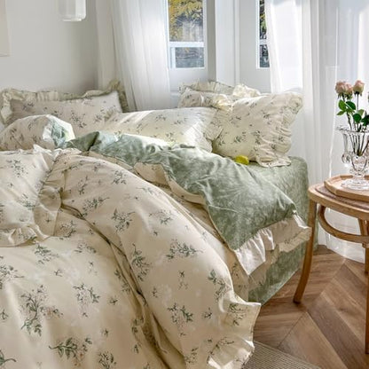 mixinni Reversible Sage Green Floral Duvet Cover Set King Size - 100% Cotton Cute Botanical Patterns Bedding Set with Ruffle Lace, 3PCs Beige Soft Aesthetic Cottagecore Style Duvet Cover for Girls