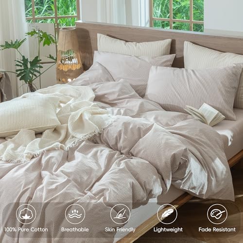 MooMee Striped Duvet Cover Set 100% Washed Cotton Linen Like Super Queen