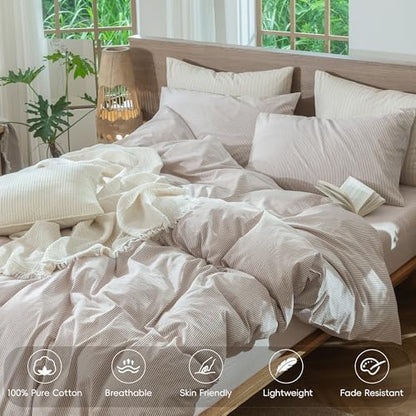 MooMee Striped Duvet Cover Set 100% Washed Cotton Linen Like Super Queen