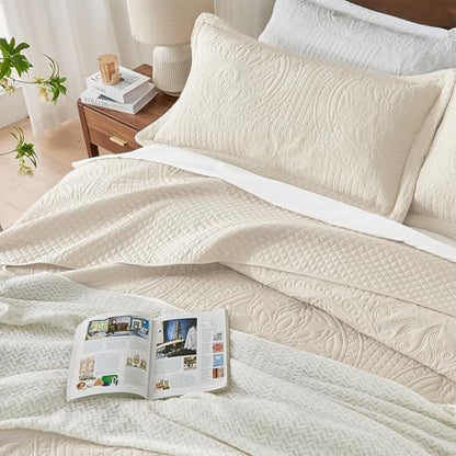 Qucover Oversized King Bedspread 128x120, Soft Microfiber California King Quilt Set, 3 Piece Extra Large King Bed Spreads, Ultrasonic Quilting Vintage Pattern Coverlet, Beige