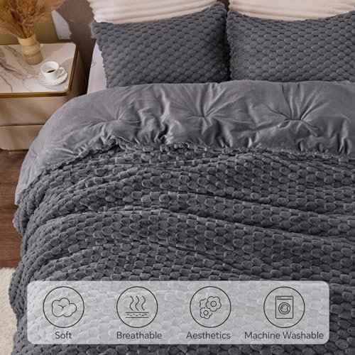 BEDELITE Fluffy Queen Comforter Set, Dark Grey Fleece Bed Set 3 Pieces