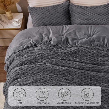 BEDELITE Fluffy King Size Comforter Set, Dark Grey Fleece Bed Set 3 Pieces