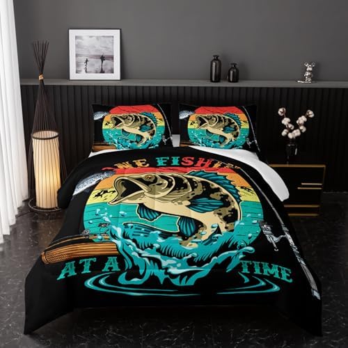 Nttopship Big Pike Fish Comforter Set,Bass Fishing Comforter Set for Boys Girls Children Fishing and Hunting Room Decor King Size with 2 Pillow Case