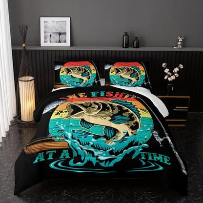 Nttopship Big Pike Fish Comforter Set,Bass Fishing Comforter Set for Boys Girls Children Fishing and Hunting Room Decor King Size with 2 Pillow Case