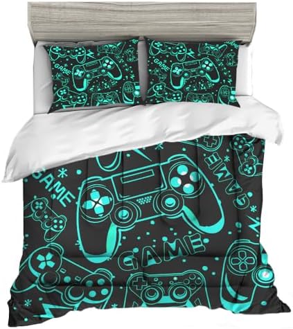 Sunnycitron Black Green Gamepad Gamer Comforter Set for Boys Gaming Bedding Set Teens Game Room Decor Queen (1 Comforter + 2 Pillowcase)