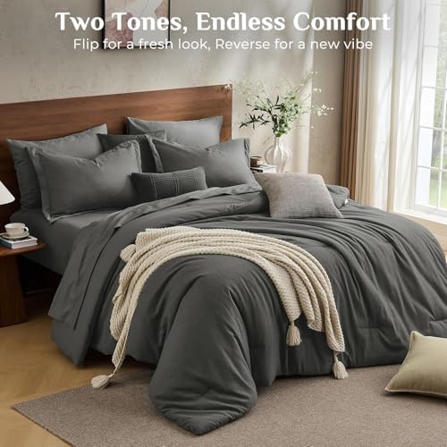 JOLLYVOGUE Dark Grey Queen Comforter Set, Cationic Dyeing Bed in a Bag Queen 7 Pieces, Double-Tone Bedding Set with Down Alternative Comforter, Sheets, Pillowcases & Shams
