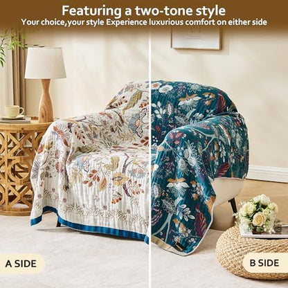 VANJOROY Boho Throw Blanket, 100% Organic Cotton Breathable Skin-Friendly Ultra Soft Bed Quilt Throw - All Season Floral Farmhouse Décor Luxury Blanket for Sofa Couch Chair and Gift. 50" x 60"