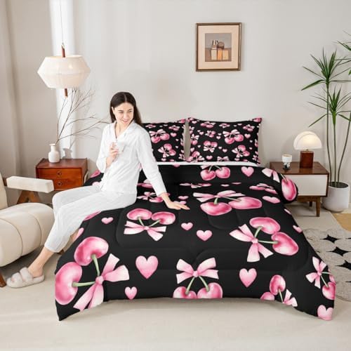 Cherry Bowknot Kids Comforter Set Full Size,Pink Bow Tie Butterfly Knot Princess Bedding Set,Girls Boys Room Decor,Love Heart Geometric Patchwork Quilt Comforter,Dreamy Duvet Insert,2 Pillowcases