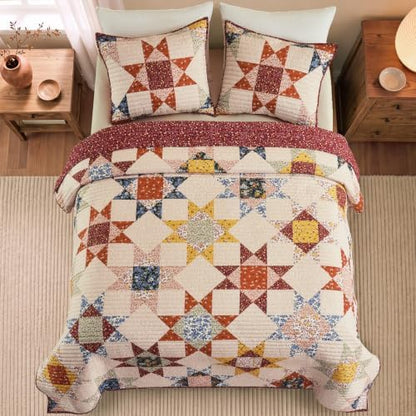 Oversized Queen Quilt Set-3 Pieces Soft Bedding Patchwork Coverlet