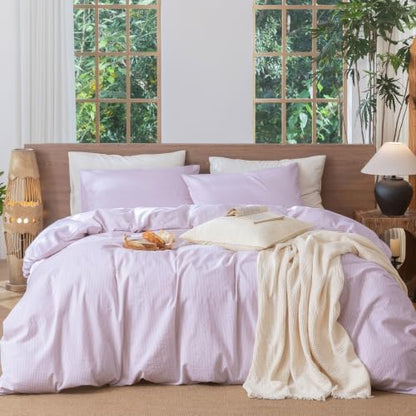 MooMee Striped Duvet Cover Set 100% Washed Cotton Linen Like King