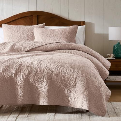 WDCOZY 100% Cotton Queen Size Quilt Bedding Sets Floral Rosette Pink