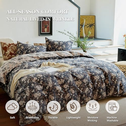Simple&Opulence Muslin Duvet Cover Set Queen Size, 100% Washed Cotton 3 Pieces Yarn-Dyed Vintage Navy Floral Jacquard Textured Bedding, Soft & Breathable Gauze Comforter Cover with Zipper Closure