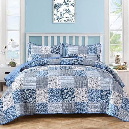 Mybedsoul Blue Quilt Set Twin Size Dorm Bedding, Patchwork Bedding Set