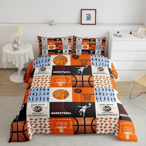 Boy Basketball Bedding Sets King Size,Ball Sport Games Comforter Set 3Pcs for Teens Adult Room Decor,Basketball Player Silhouette Quilted Duvet Modern Patchwork Plaid Down Comforter,2 Pillowcases