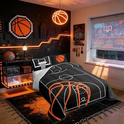 Castle Fairy Basketball Court Print Comforter Set for Kids Boys,Ball Sports Games Themed All Season Cozy Bedding Set Twin Size,Orange Basketball and Hoop Quilt Set Home Decor,Children Birthday Gift