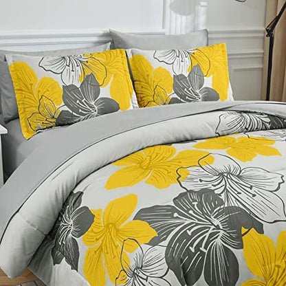 Yellow Comforter Set Queen, 7 Pieces Yellow Floral on Gray Bed in a Bag