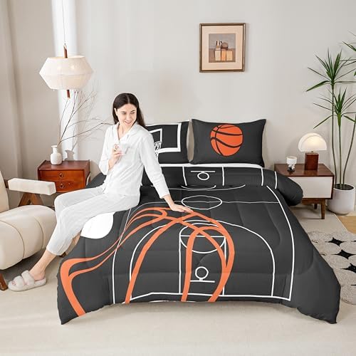 Castle Fairy Basketball Court Print Kids Comforter Set Toddler Size,Ball Sports Games Themed Bedding Comforters Bedroom Decor,Orange Basketball and Hoop Microfiber Quilt/Duvet Set for Kids Teens,3pcs