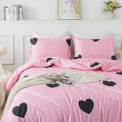 Caressma Pink Comforter Set Twin Size Black Heart Set 2pcs with Pillowsham