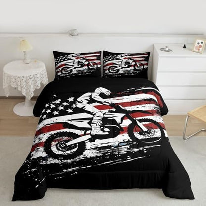Feelyou Dirt Bike Comforter Set Queen Size Splatter Print Bedding Set for Kids Boys Girls Off-Road Racing Duvet Quilt Outdoor Sports Bedroom Decor Motocross Rider Microfiber 3 Pcs with 2 Pillow Cases