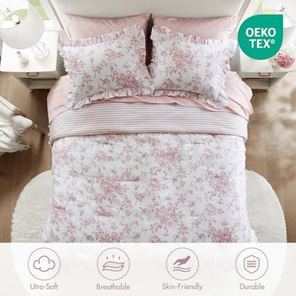 Madison Park Essentials Pink Floral Comforter Set with Sheets Cal King,7pc