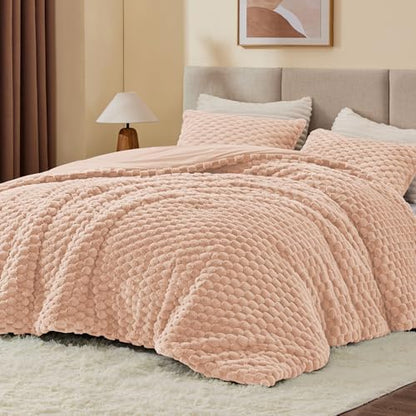BEDELITE Fluffy King Size Comforter Set, Coral Pink Fleece Bed Set 3 Pieces