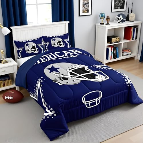 American Football Comforter Set King Size Rugby Helmets Bedding Set 3pcs for Kids Boys Teens Men Bedroom Decor Ball Sports Gaming Quilted Duvet Modern Grey Stars Print Duvet Insert,Navy Blue