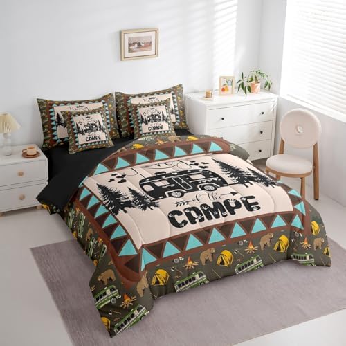 Erosebridal Camping 7 Piece Bedding Set Queen for Teens Adult Camper Bedding,Rustic Farmhouse Style Comforter Set Bed in a Bag Happy Camping Black Sketch Drawing Duvet Insert Travel Car Sheet Set