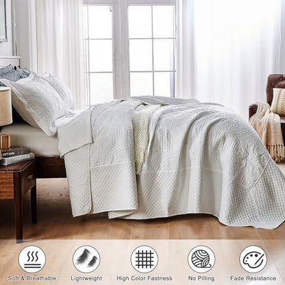 Qucover King Bedspread Medallion Pattern Quilt Bedding Set 3 Piece White
